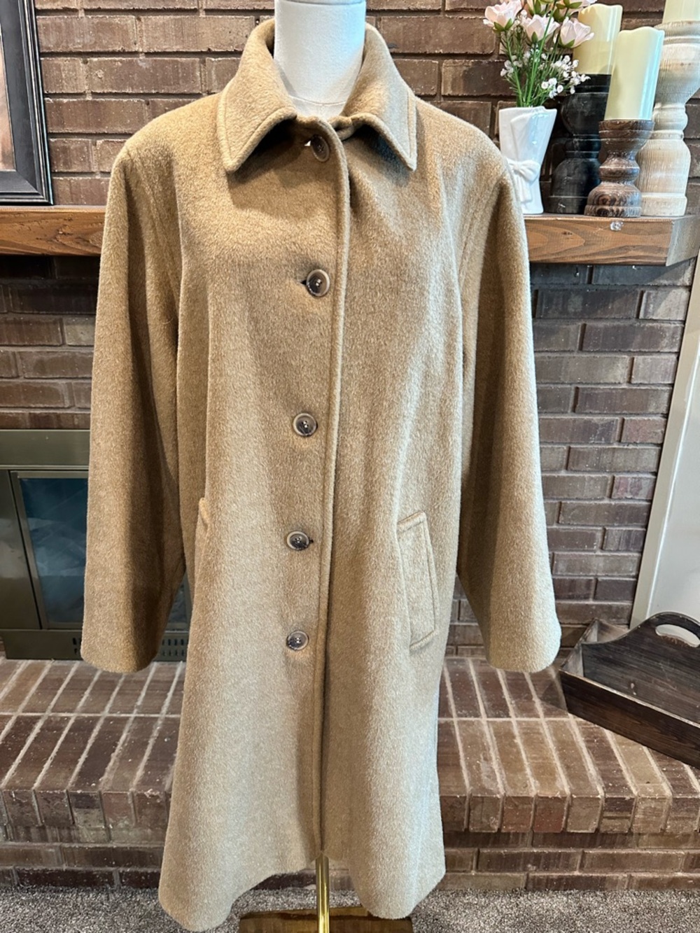 Vintage 90s Isaac Mizrahi Wool Kid Mohair Camel Trench Coat Size 12 USA